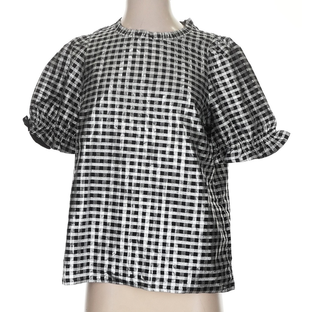 J. Crew Monochrome Checkered Puff Sleeve Top